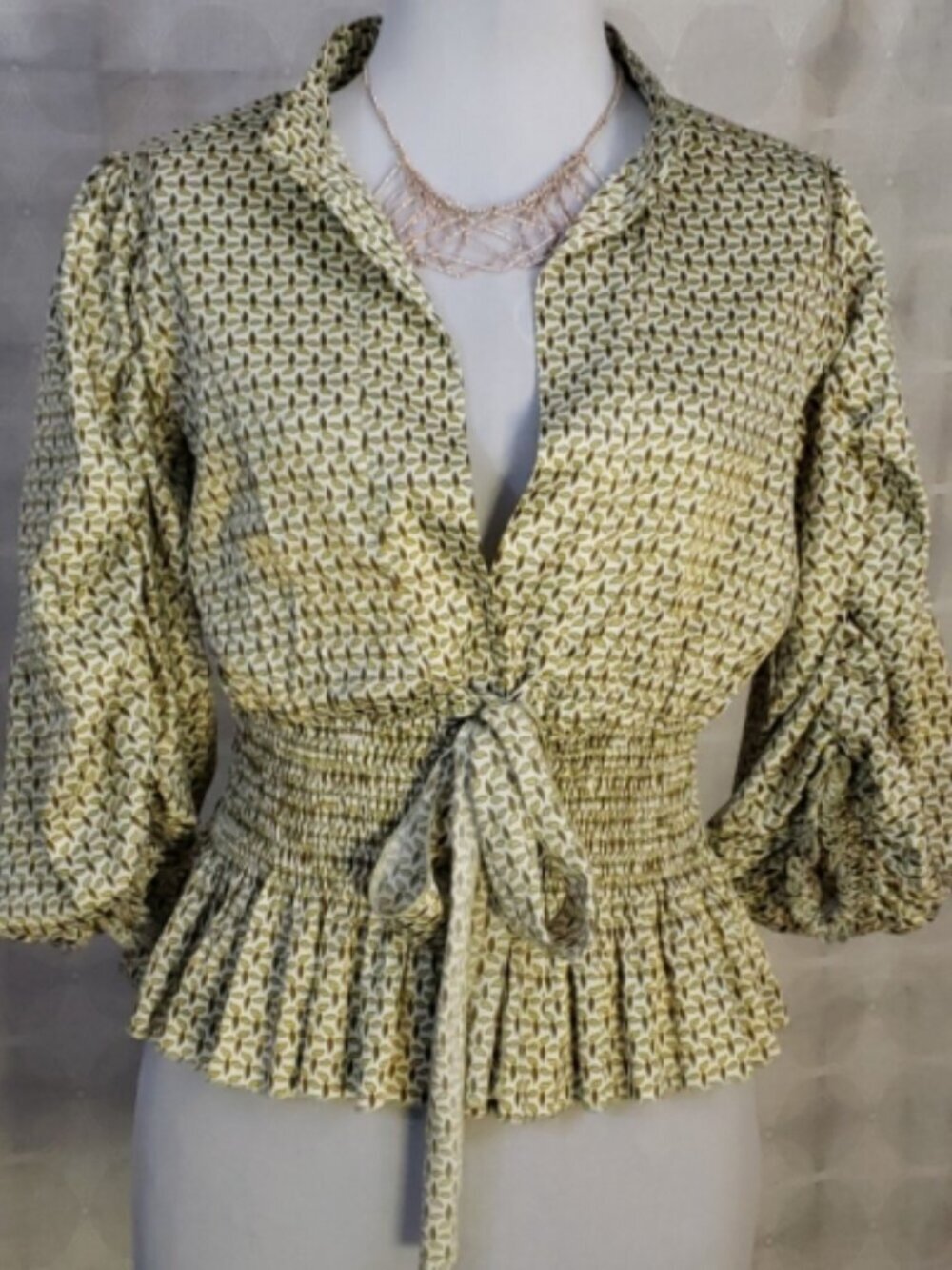 Downeast Smocked Tie-Front Peasant Blouse Size XS